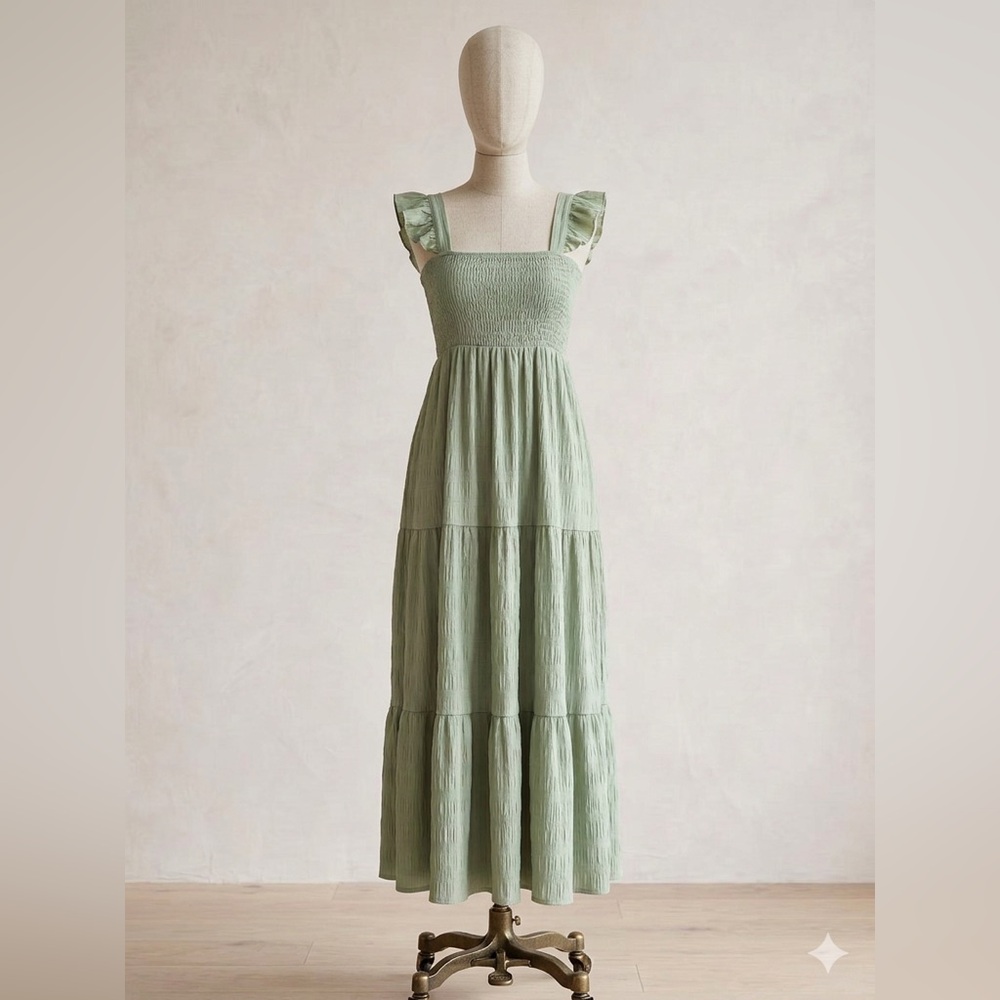 Smocked Square-Neck Maxi Dress in Army Green